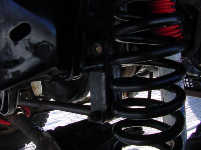 Close-up of black coil springs and red shock absorber on a vehicle's suspension