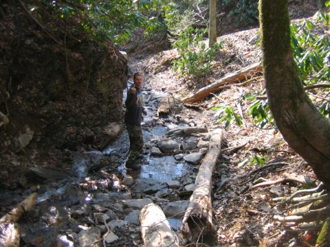 1992 Ford Mustang - Man stands in a rocky stream bed surrounded by trees and foliage.