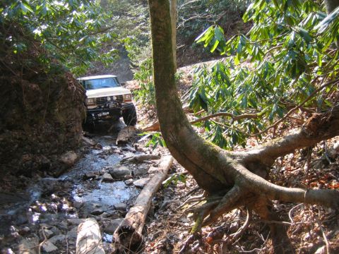 1992 Ford Mustang - A white off-road truck navigates a challenging, rocky stream bed surrounded by dense foliage.