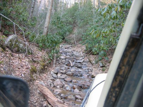 1992 Ford Mustang - View from inside an off-road vehicle navigating a rocky stream in a forest.
