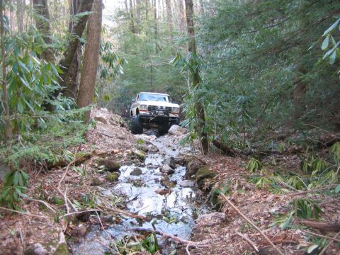 1992 Ford Mustang - A lifted pickup truck navigates a challenging off-road trail through a wooded area.
