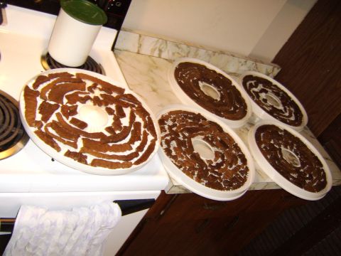1989 Ford Bronco - Homemade jerky is being dehydrated on multiple trays, arranged on a countertop next to a kitchen stove.