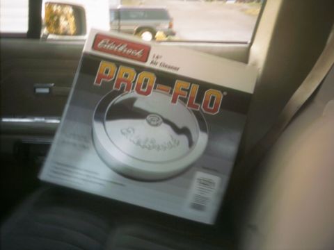 1985 Ford Crown Victoria LTD - Edelbrock Pro-Flo air cleaner box is visible inside a vehicle.