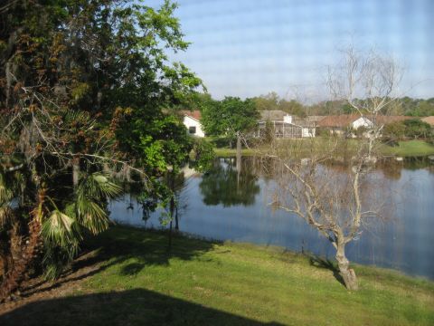 1986 Ford Bronco - A tranquil lake reflects the sky and surrounding homes, bordered by lush green grass and trees.