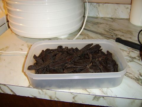 1989 Ford Bronco - Homemade beef jerky fills a plastic container on a kitchen counter.