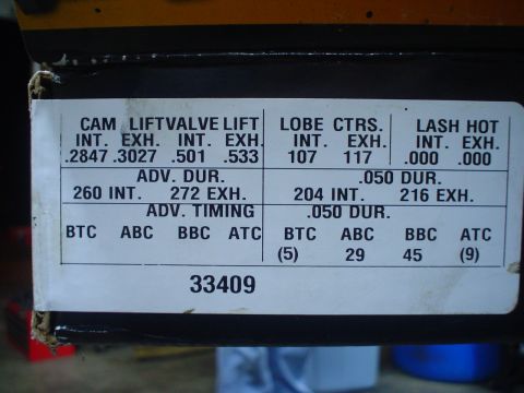 1976 Ford F-100 - A label details camshaft specifications including lift, duration, and timing data, along with a part number.