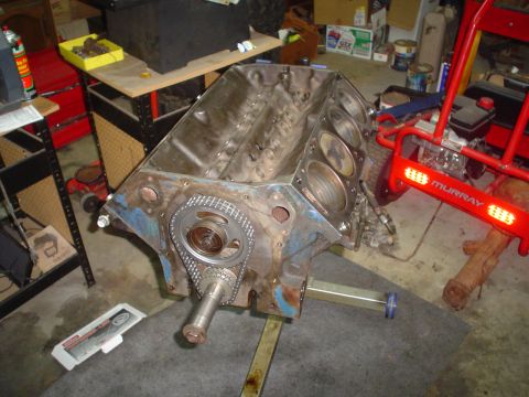 1976 Ford F-100 - Engine block with timing chain and gears, part of a vehicle restoration project.