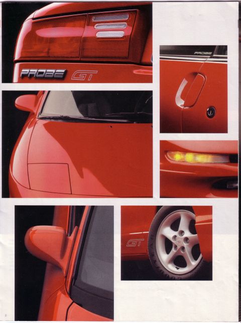 1993 Ford Probe - Close-up views of a red 1993 Ford Probe GT highlight its design elements, including the taillight, door handle, and wheel.