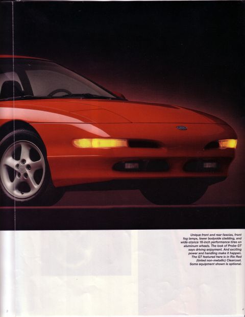 1993 Ford Probe - The 1993 Ford Probe GT is shown in Rio Red with unique front and rear fascias, fog lamps, and wide-stance 16-inch performance tires.