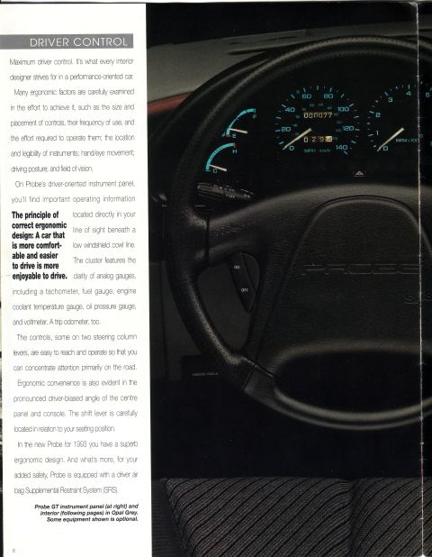 1993 Ford Probe - The interior of a 1993 Ford Probe is shown, highlighting its driver-oriented instrument panel and controls.