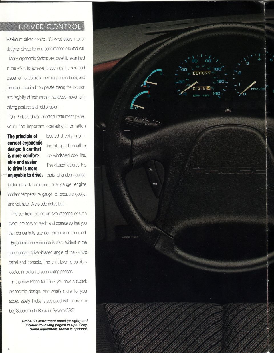 1993 Probe brochure Driver Control page with Probe GT instrument panel, gauges and steering wheel