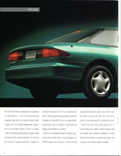 1993 Ford Probe - The 1993 Ford Probe is presented in a rear three-quarter view, highlighting its aerodynamic design and taillight configuration.