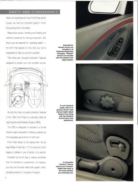 1993 Ford Probe - This document page highlights safety and convenience features of a car, including interior details and diagrams.