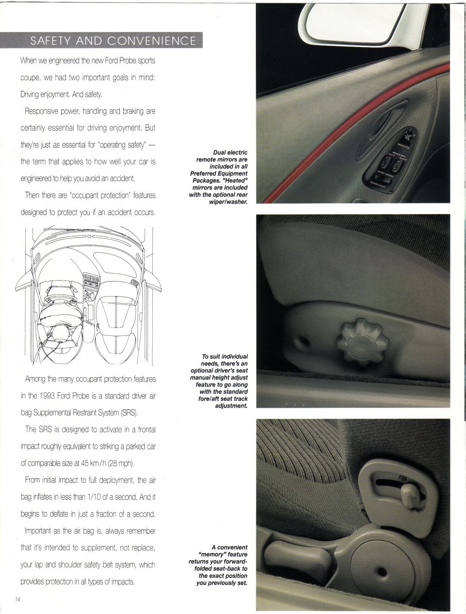 '93 Ford Probe brochure Safety and Convenience page with air bag diagram and interior photos