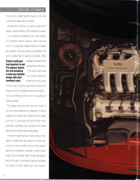 1993 Ford Probe - Magazine page details the V6 engine, highlighting its multi-port fuel injection and dual overhead cams.