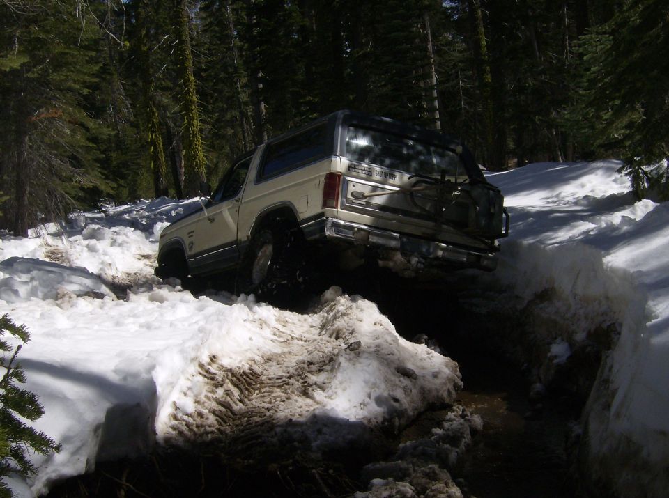 1986 Ford Bronco navigating a snowy trail with trees in the background