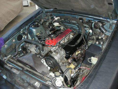 1990 Ford Mustang - Engine bay with aftermarket parts, including a red distributor cap and black valve covers.