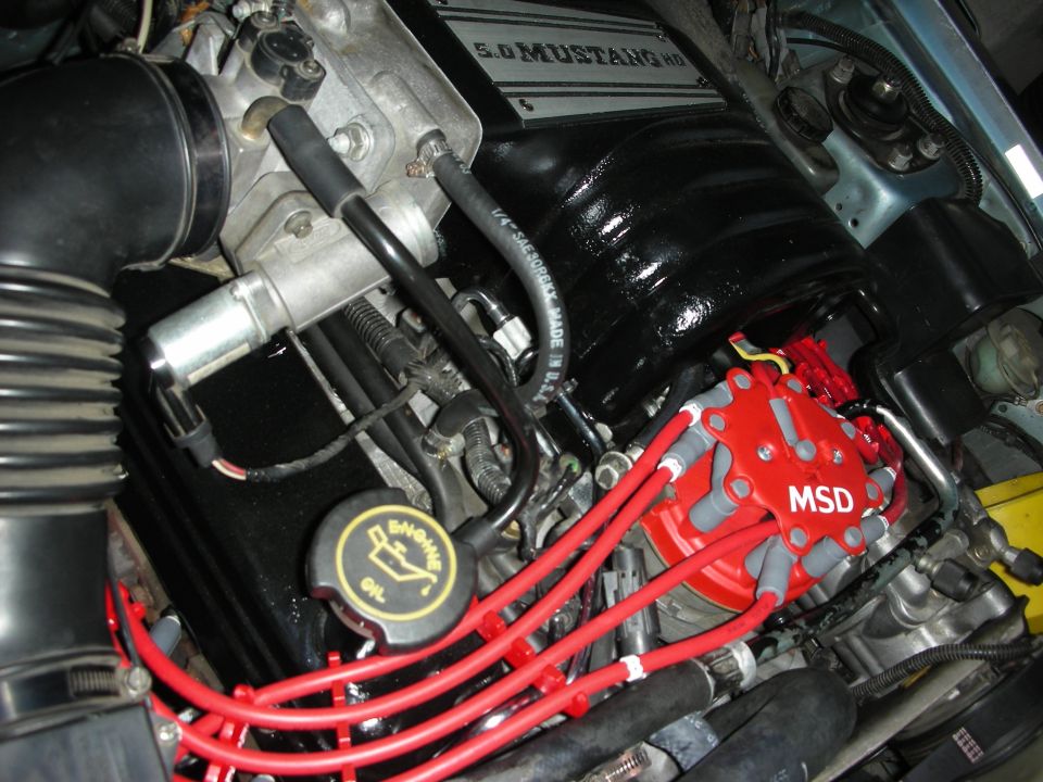 Engine bay with 5.0 Mustang HO cover and red MSD ignition