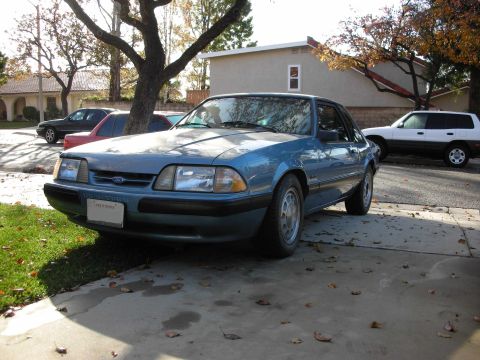 1990 Ford Mustang - A blue 1990 Ford Mustang is parked in a driveway on a sunny day.