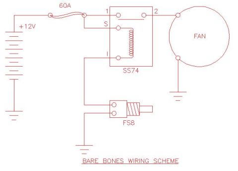 1991 Ford Bronco - Cheap, bare-bones electric fan control. Part numbers for big relay and fan switch sensor are PartsAmerica GPSorenson numbers.