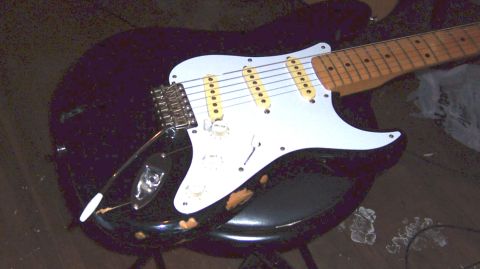 1975 Ford F-150 - This electric guitar has a tremolo bar and a maple neck with dot inlays.