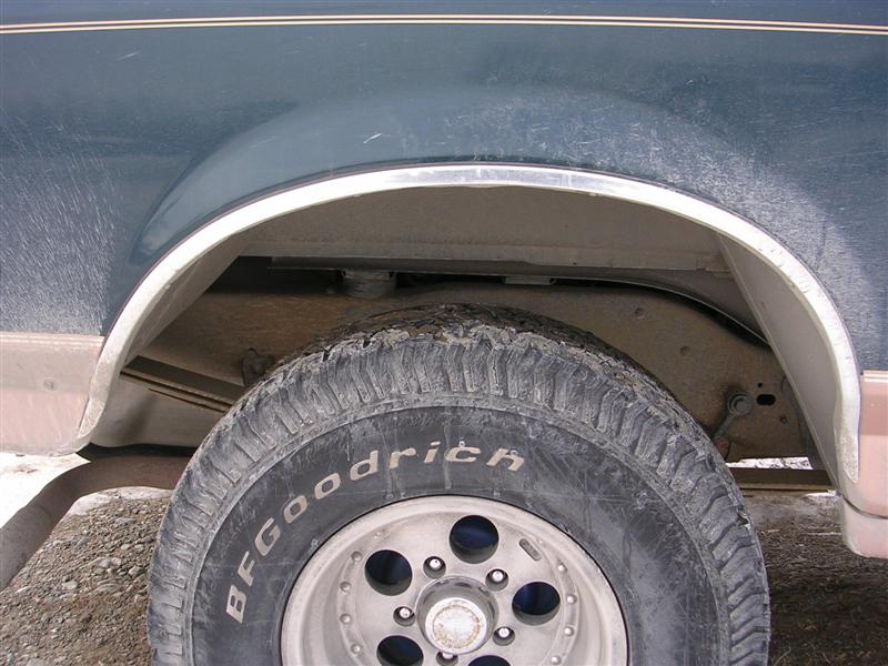 Close-up of a rear wheel and fender of a blue vehicle