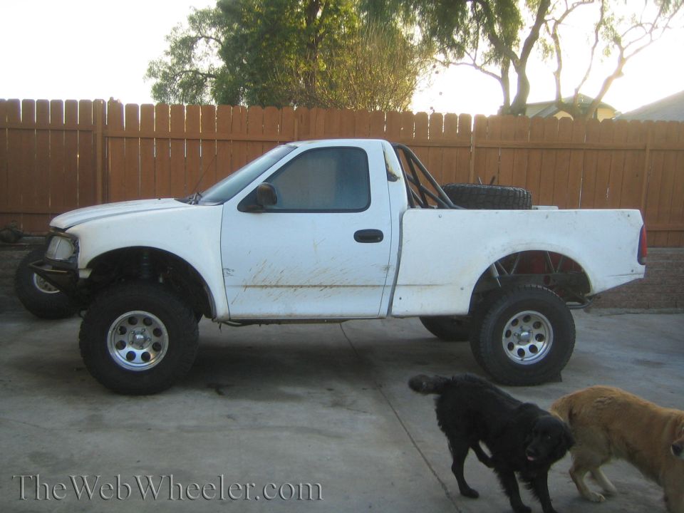 White lifted Ford pickup project in a fenced yard with two dogs nearby
