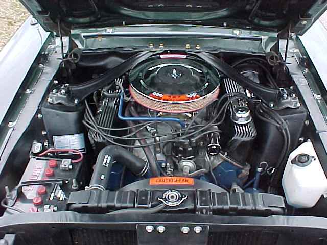 Classic Ford V8 engine bay with chrome air cleaner and Caution Fan decal