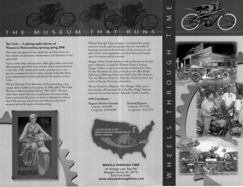 1985 Ford LTD Crown Victoria - Wheels Through Time museum brochure spread describing exhibits, location, and GPS coordinates with vintage motorcycle imagery.
