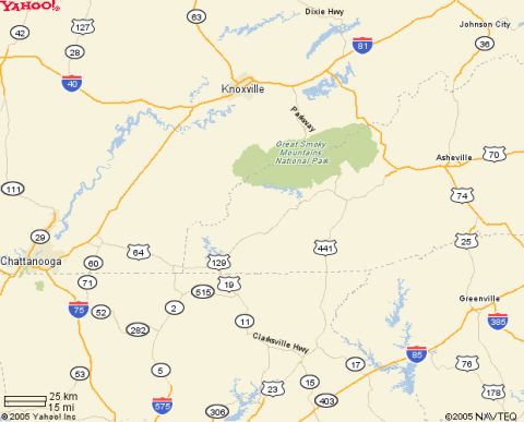 1985 Ford LTD Crown Victoria - This map displays major roadways and geographical features in Tennessee, including interstate highways and national park areas.
