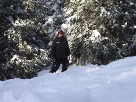 1992 Ford Bronco - A person stands in a snowy forest, surrounded by snow-laden trees.