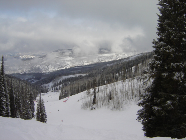 Ski slope with trees and mountains under cloudy sky. Supermotors logo in corner