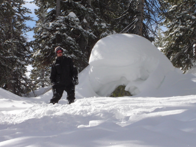 person standing in deep snow near a large snowdrift in a wooded area