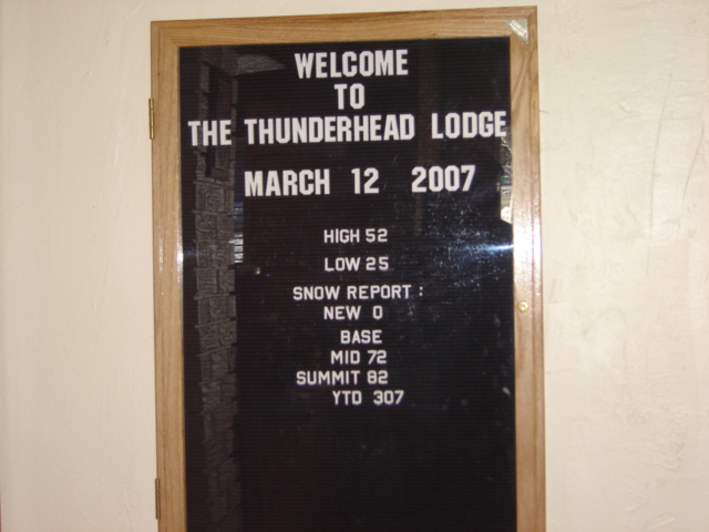 Photo of a Thunderhead Lodge letterboard sign with date and snow report