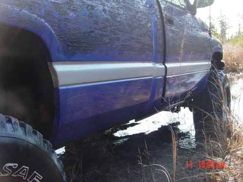 1995 Dodge 1500 - Mud-covered blue pickup truck with silver trim driving through shallow water.