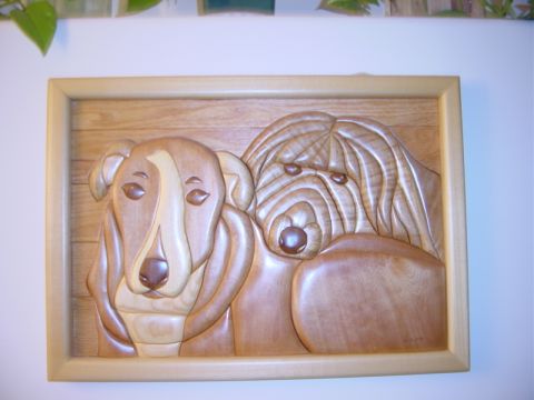 1996 Ford Bronco - This wooden artwork features a detailed carving of two dogs, with one appearing to have longer fur.