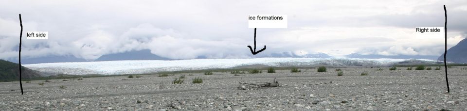 Wide shot of a glacier with mountains in the background. Text labels 'left side', 'right side', and 'ice formations' are visible