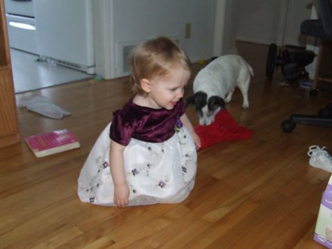 1990 Ford Bronco - A young child in a velvet and lace dress is on the floor with a dog.