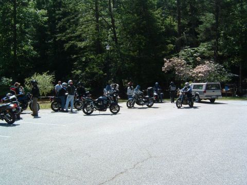 1985 Ford LTD Crown Victoria - A group of motorcyclists and their bikes are parked in a lot near a wooded area.