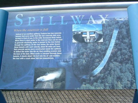 1985 Ford LTD Crown Victoria - Photo of a Fontana Dam Spillway interpretive sign explaining the dam's water tunnels and overflow system.