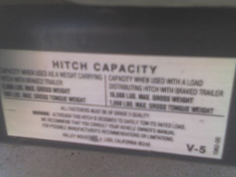 1984 Chevrolet Suburban - View of the receiver's weight limit label. 5000lbs off a standard hitch and 10000lbs with a weight distributing hitch. Of course the truck'…