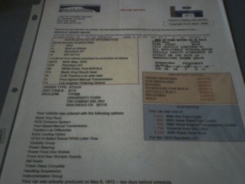 1972 Ford Ranchero - This Marti AutoWorks report confirms the 1972 Ford Ranchero GT's specifications and build date.