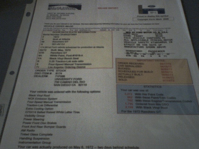 Marti Report document for a 1972 Ford Ranchero GT listing options and build stats