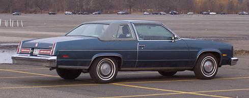 Blue coupe with vinyl roof parked in lot