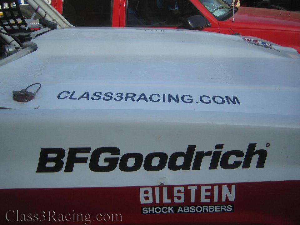 White race-truck hood with BFGoodrich, Class3Racing.com, and Bilstein Shock Absorbers decals