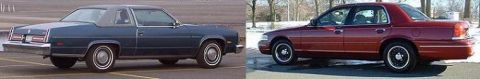 1999 Ford Crown Victoria - A side-by-side comparison of two sedans, one blue and one red, parked outdoors.