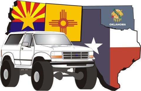 1992 Ford Bronco - Illustration of a 1992 Ford Bronco with large tires, placed over a map of southwestern US states.