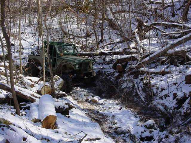 Green off-road vehicle navigating a snowy, wooded trail with fallen logs