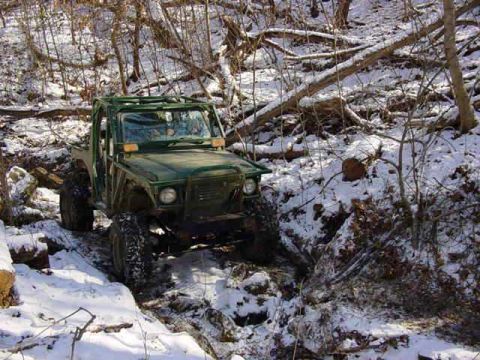 1992 Ford Bronco - A modified off-road vehicle traverses a challenging snowy terrain with dense trees and logs.