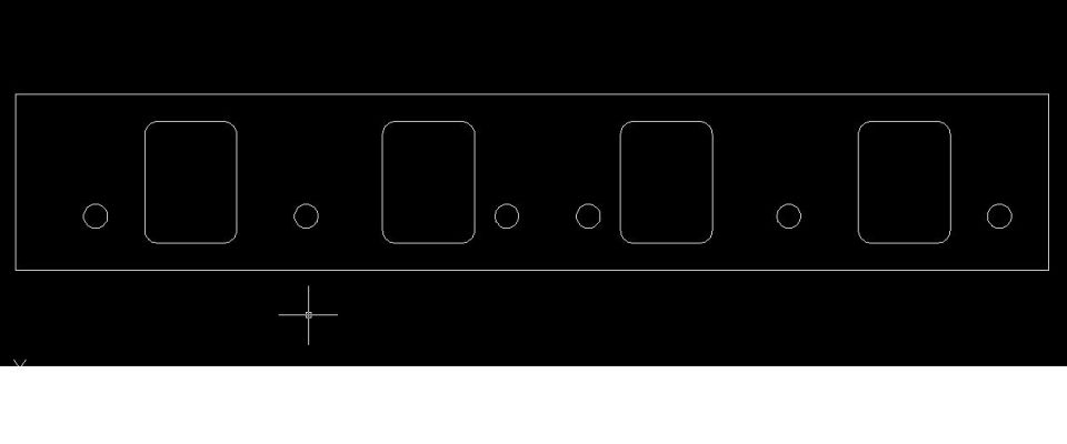 CAD outline drawing of a flat plate with four port cutouts and bolt holes